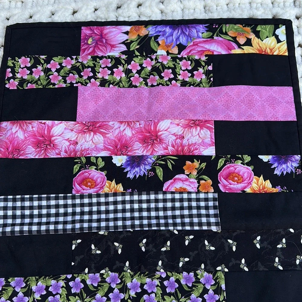 Handmade Quilted Patchwork Table Runner contemporary black / pink / purple new